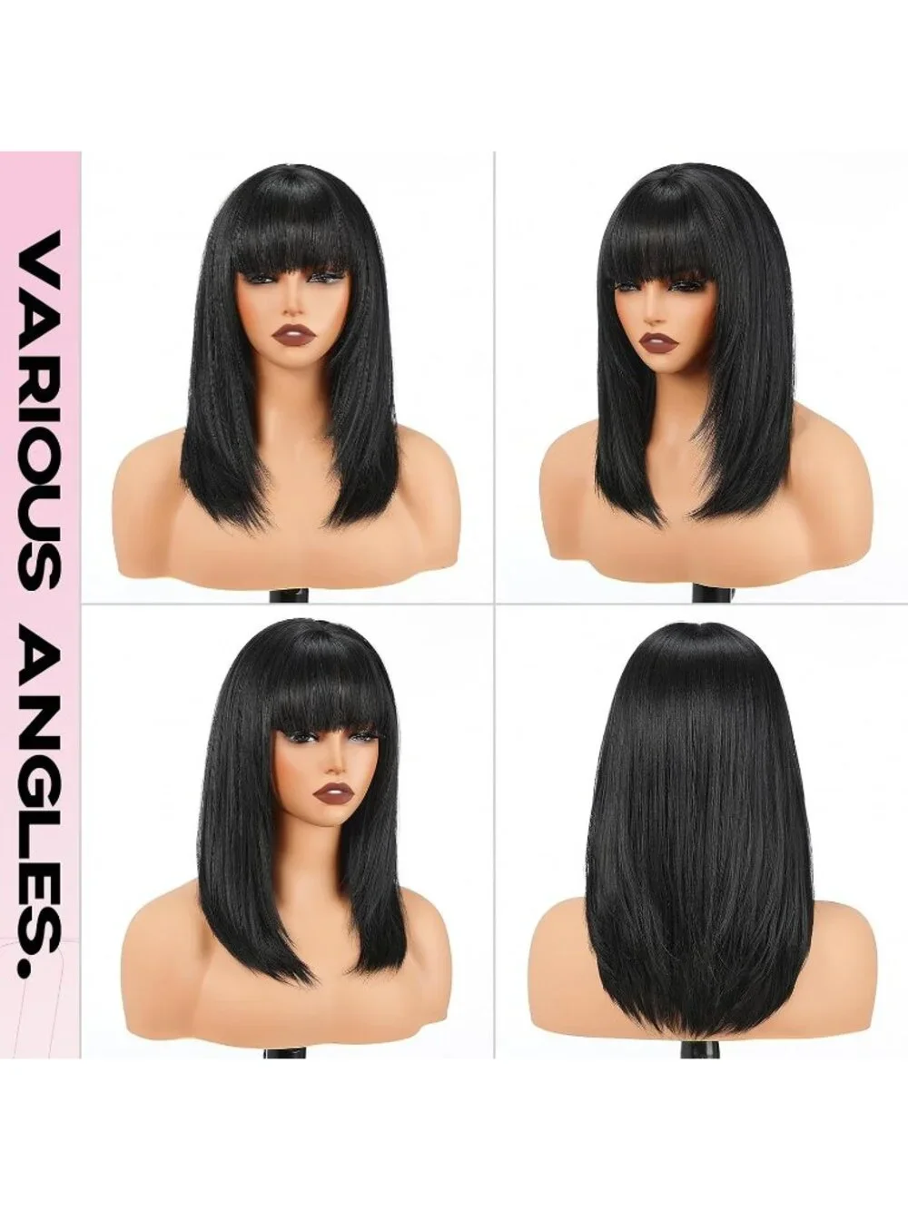 Women's 16 Inch Jet Black Highlight Wig Bang Layered Straight Shoulder Length